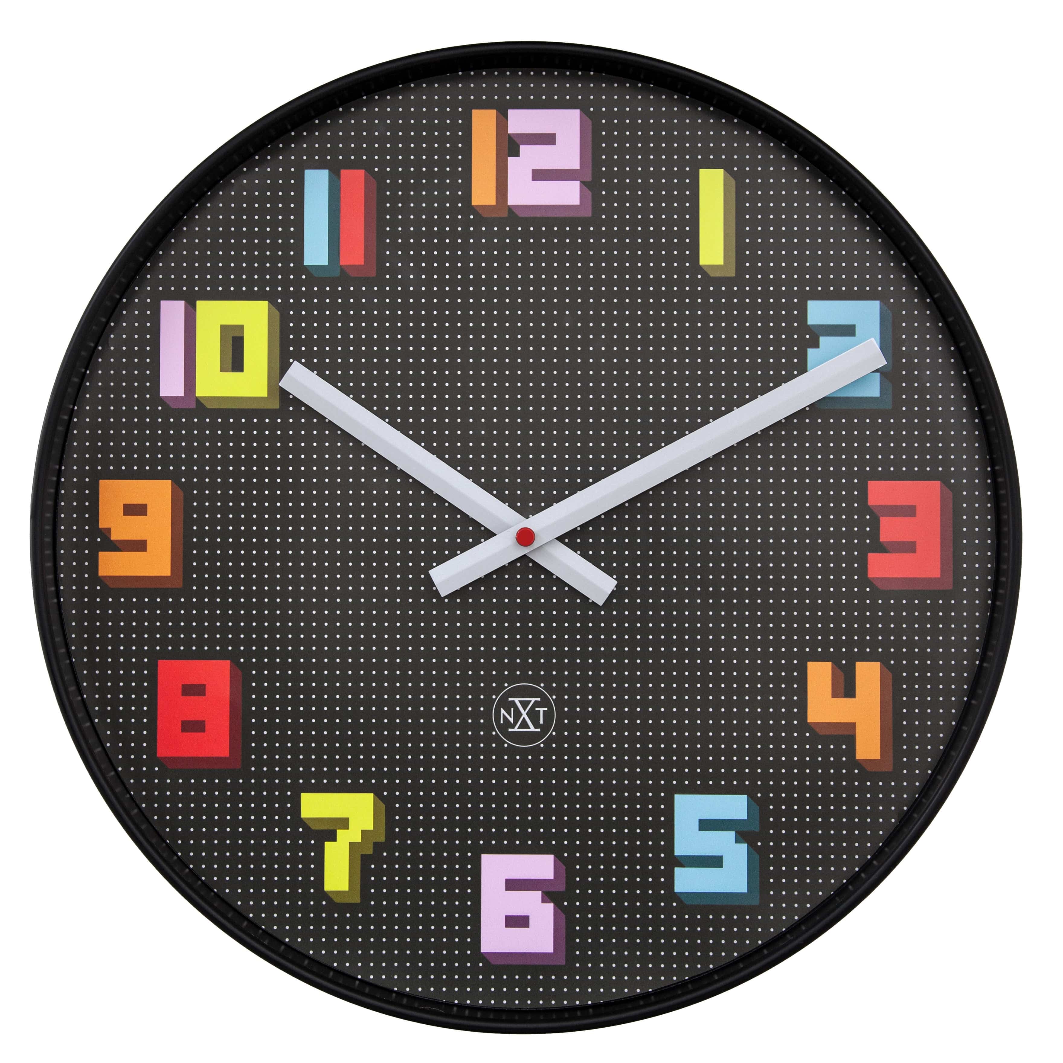 NeXtime Clocks black and multicolour 35cm silent wall clock with game-themed design, made of durable ABS material.